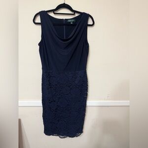 Ralph Lauren | Sleeveless Navy Blue Lace Dress with Cowl Neck | Size 8